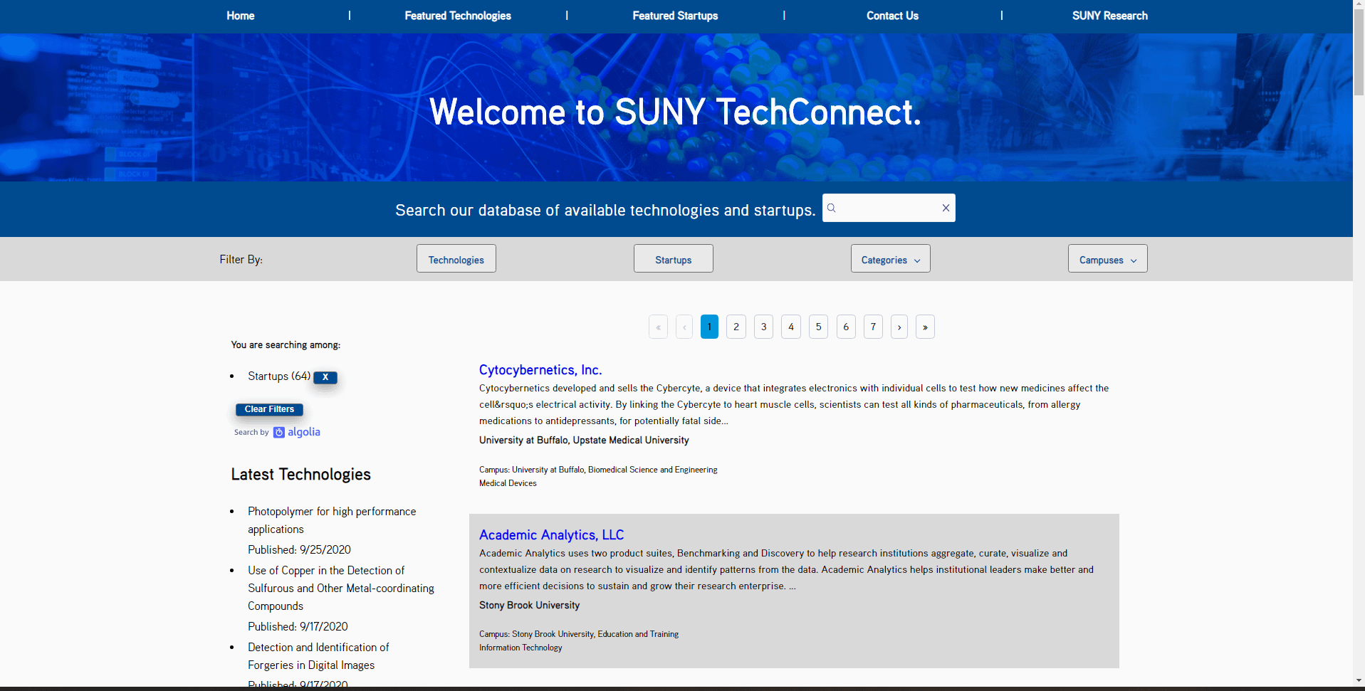 SUNY Homepage Startups Filter