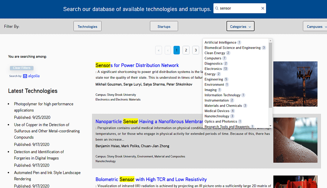 SUNY Homepage - Search Term Entered in Search Bar and Category Dropdown